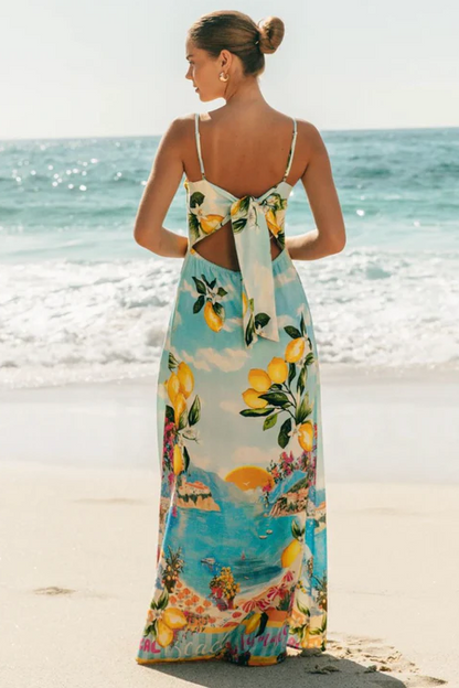 Fruit Print Lace Up Slip Maxi Dress