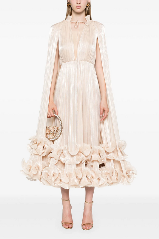 Satin Deep V-Neck Cape Sleeve Midi Dress