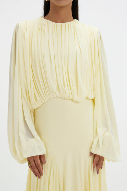 Gathering Round Neck Lantern Sleeve Maxi Dress