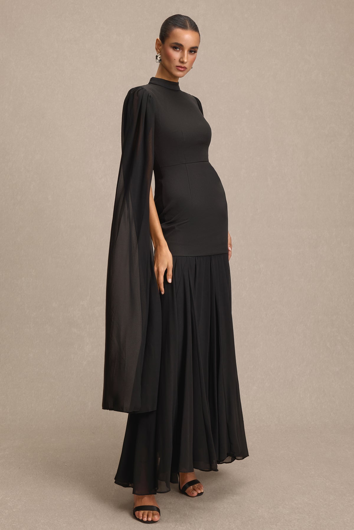 Solid High Neck Cape Sleeve Maxi Dress