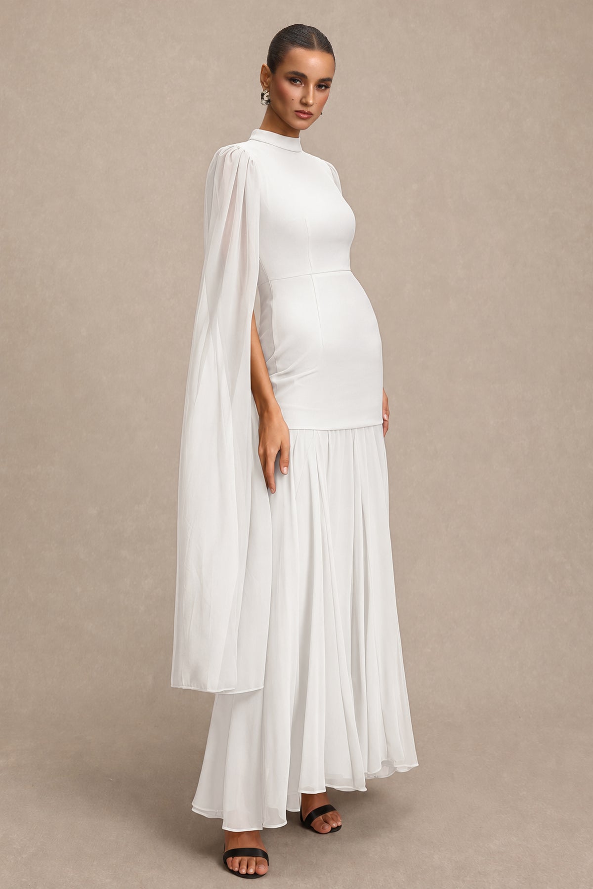 Solid High Neck Cape Sleeve Maxi Dress