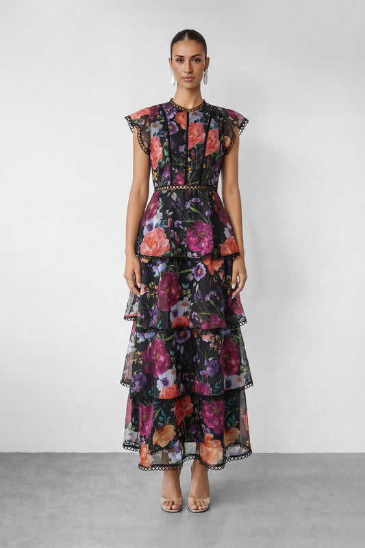 Bloom Dream Black Floral Print Tiered Ruffle Maxi Dress