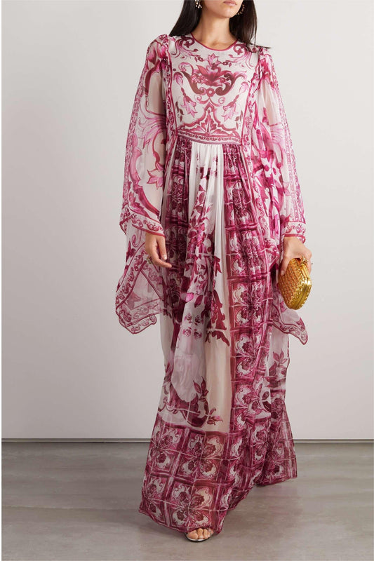 Paisley Round Neck Ball Sleeve Midi Dress