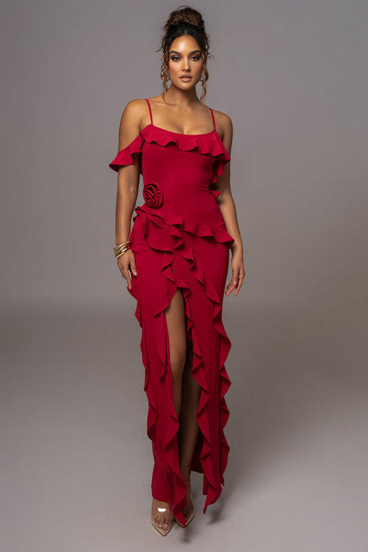 Solid Strapless 3D Floral Split Ruffle Maxi Dress