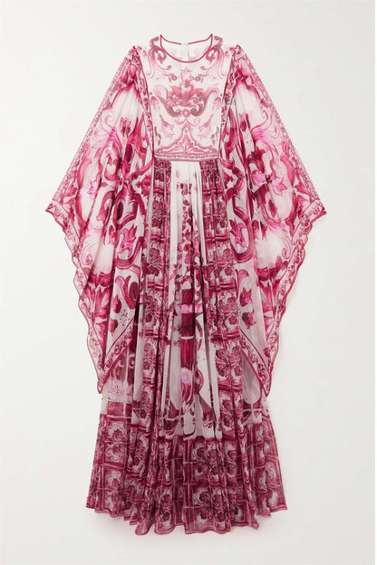 Paisley Round Neck Ball Sleeve Midi Dress