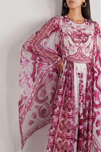 Paisley Round Neck Ball Sleeve Midi Dress