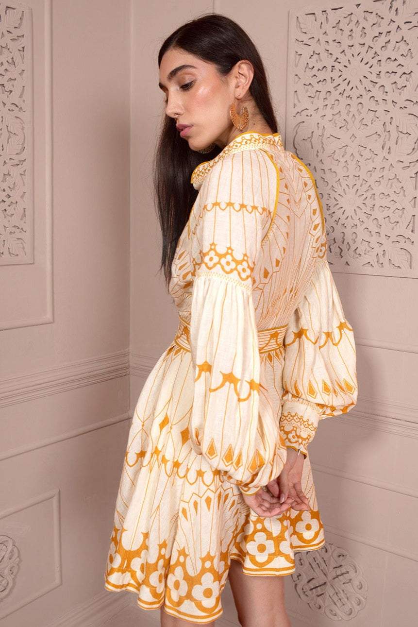 Geometric Pattern Lantern Sleeve Mini Dress