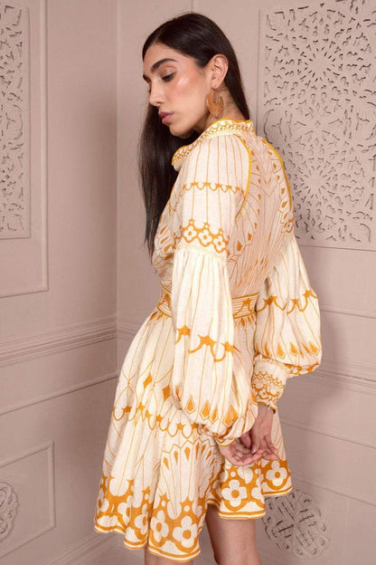 Geometric Pattern Lantern Sleeve Mini Dress