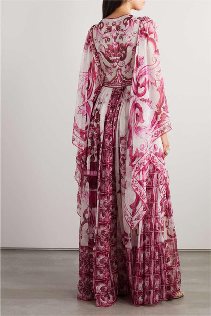 Paisley Round Neck Ball Sleeve Midi Dress