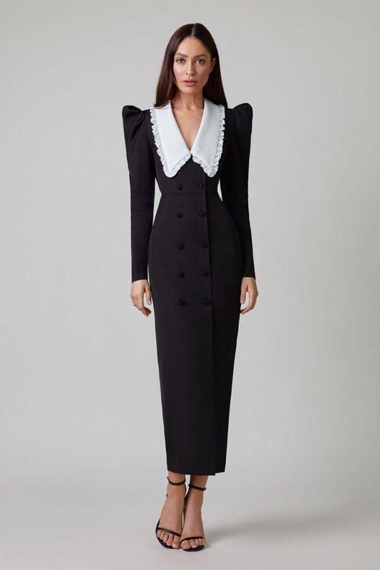 Ruffled Swallow Contrasting Collar Long Sleeve Split Midi Dress