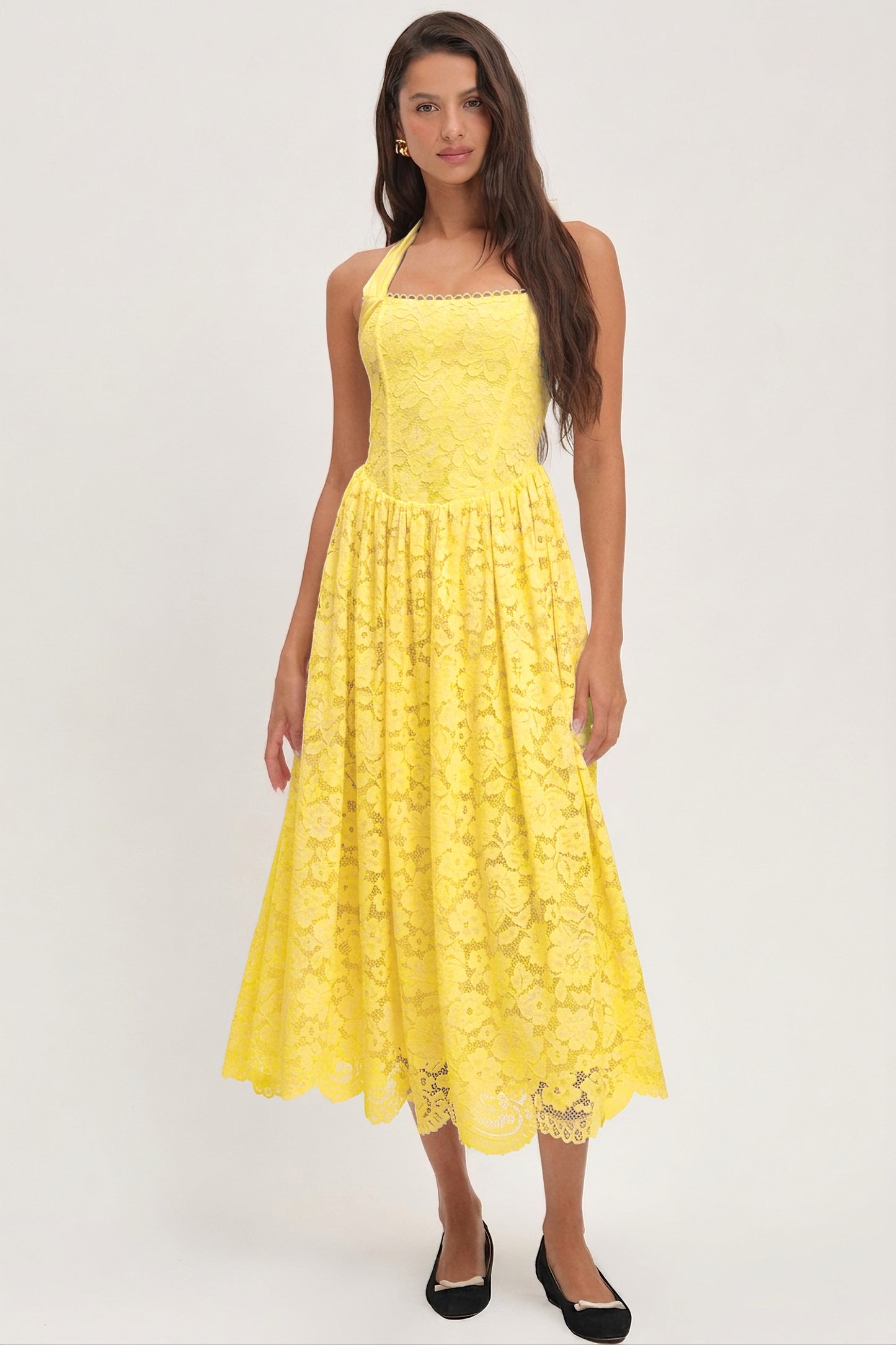 Solid Lace Halter Neck Midi Dress
