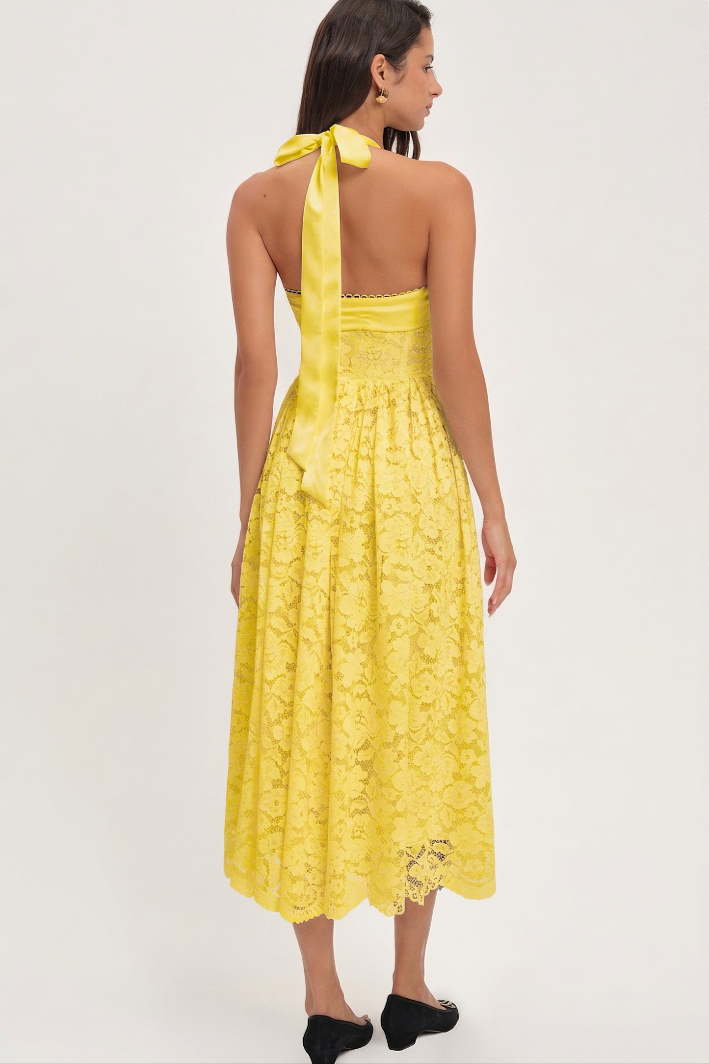Solid Lace Halter Neck Midi Dress