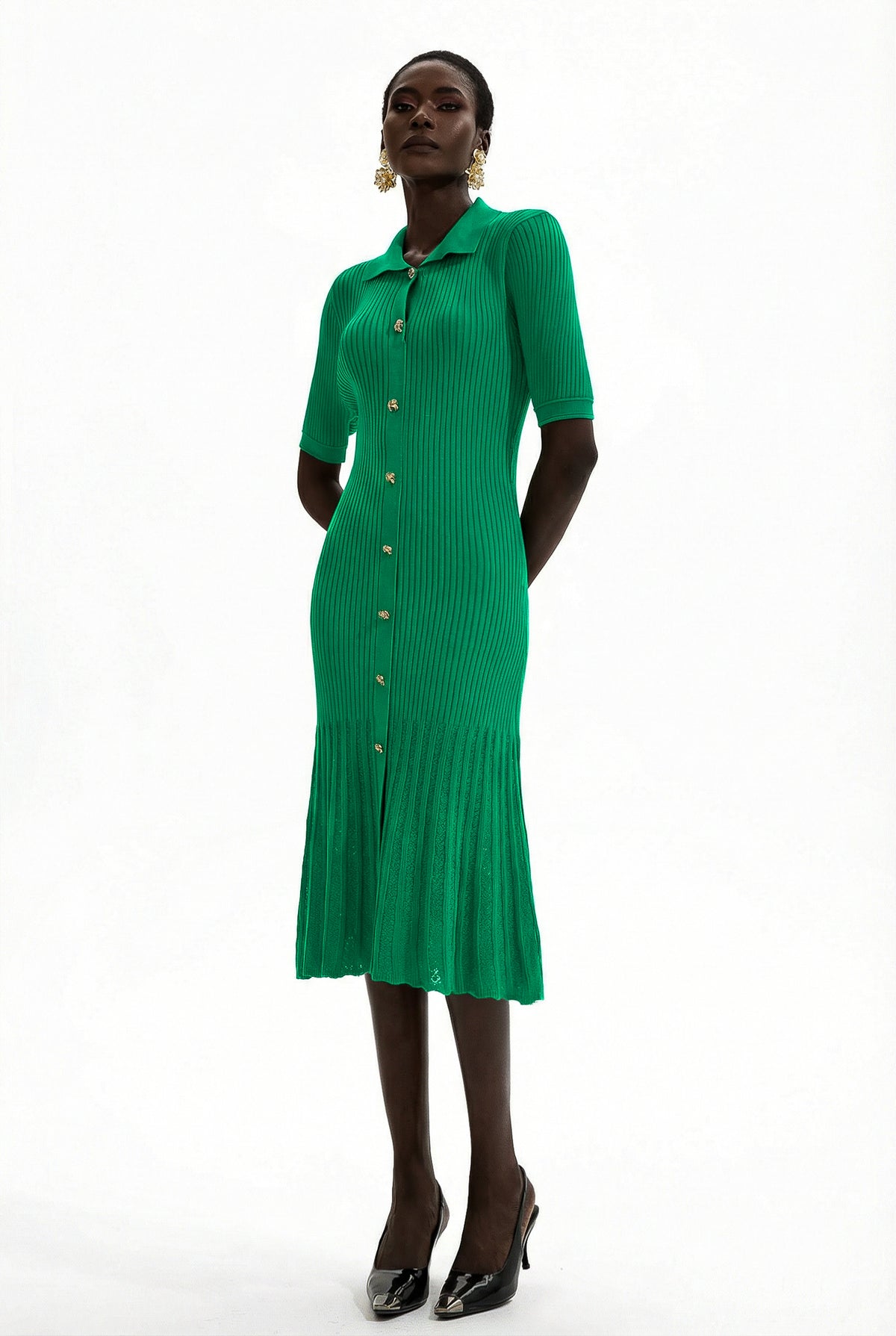 Jersey Flapped Metal Button Midi Dress