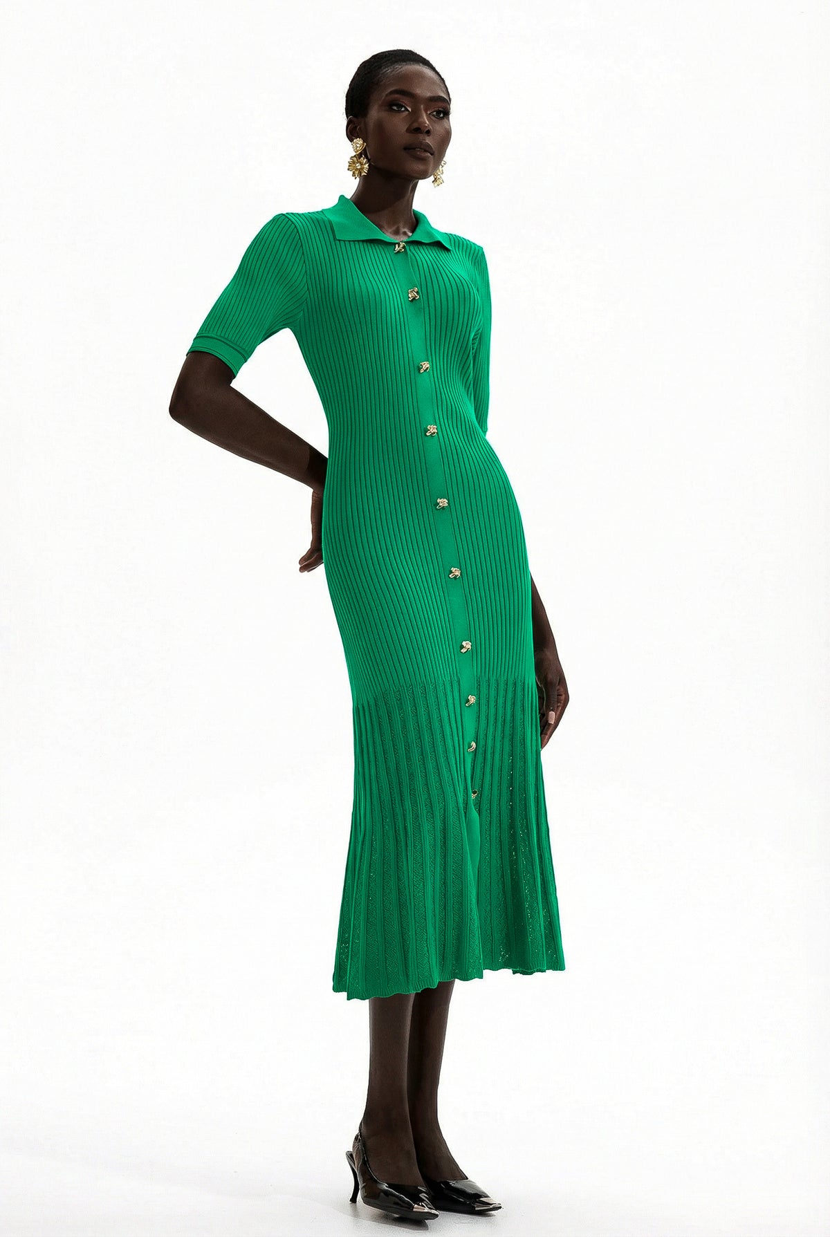Jersey Flapped Metal Button Midi Dress