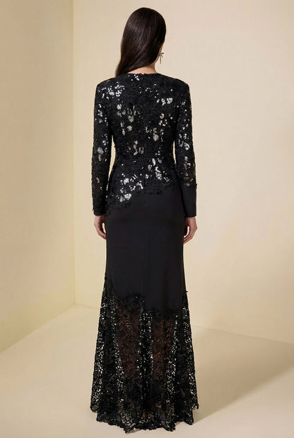 Sequin Splicing Embroidery Long Sleeve Maxi Dress